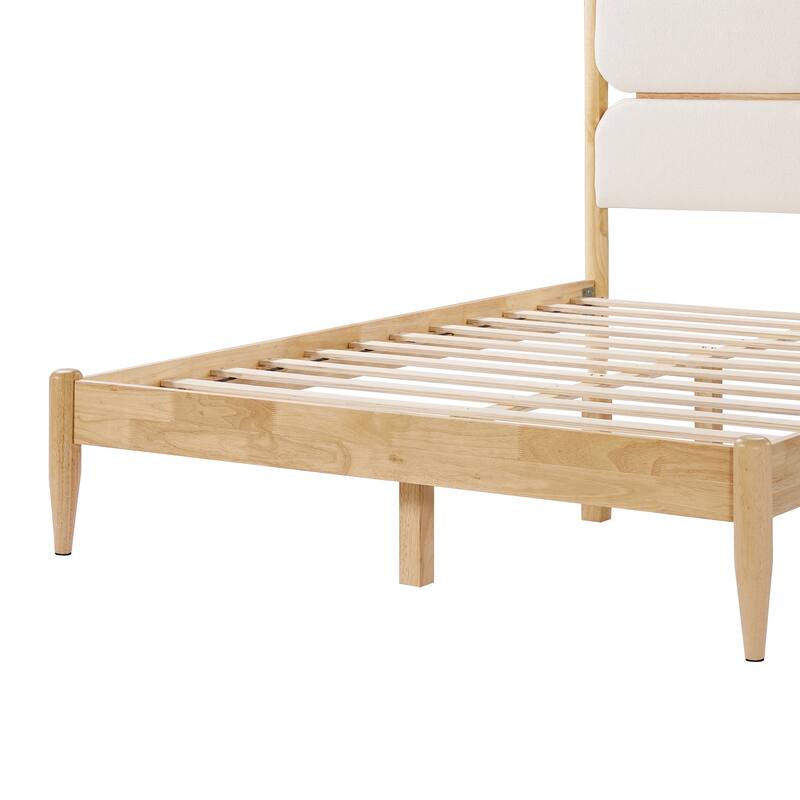 Queen Size Solid Wood Bed Frame with Upholstered Headboard, Ivory