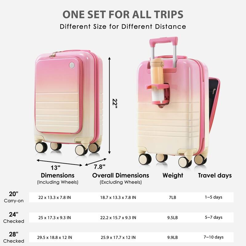 Airline Approved 3-Piece Luggage Set with USB Charging Port, 360° Wheels, Expandable 20" 24" 28" Suitcases & Travel Bag