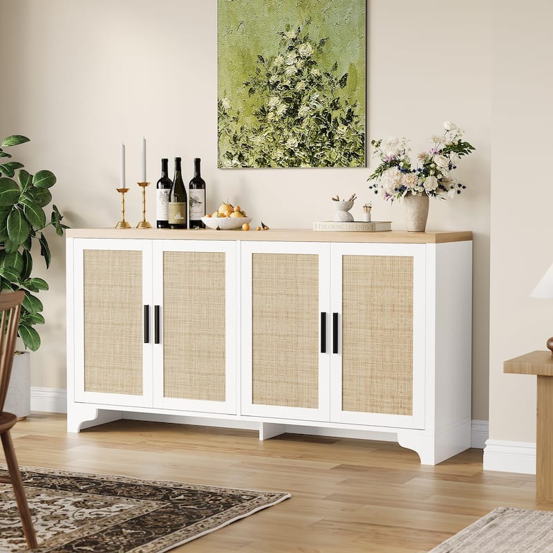 62 Inch Rattan Sideboard Buffet Cabinet, 4-Door with Shelves - White