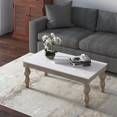 Sevita Anastasia Rectangular White Marble Coffee Table with White-Wash Spindle Base, 52" L x 30" W x 19" H