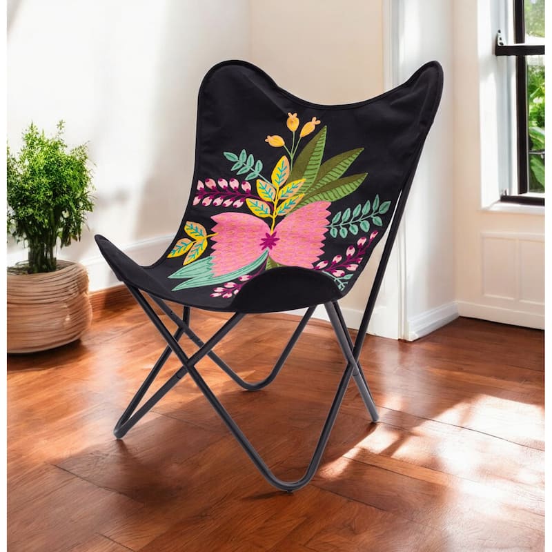 HomeRoots 26" Black With Tropical Flowers Butterfly Chair - 26' X '35' X '25.2 - 26' X '35' X '25.2