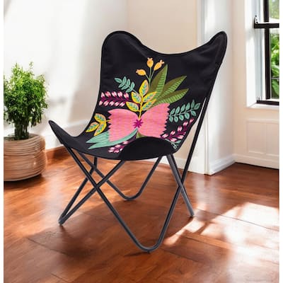 HomeRoots 26" Black With Tropical Flowers Butterfly Chair - 26' X '35' X '25.2