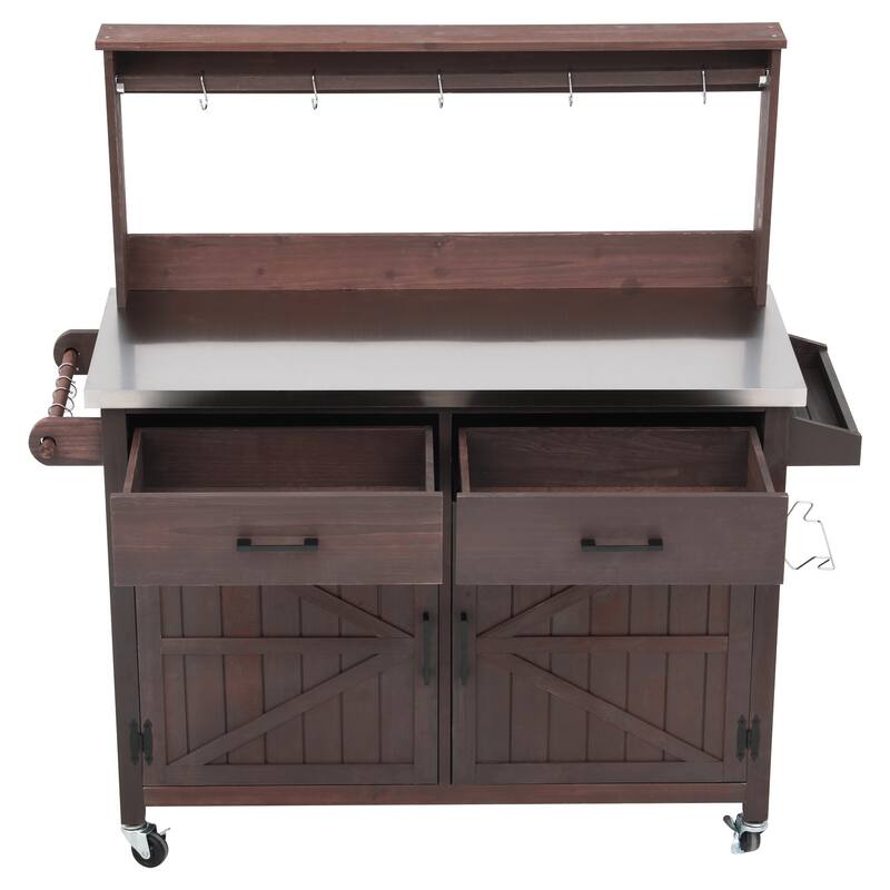 54.1" Outdoor Kitchen Island,Outdoor Grill Cart on Wheels, Potting Bench Table with Stainless Steel Top and Storage Cabinet