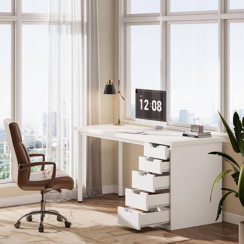 Modern Computer Desk with 5 Reversible Drawers, Storage Home Office Desk, PC/Laptop Desk, Study Writing Table Workstation