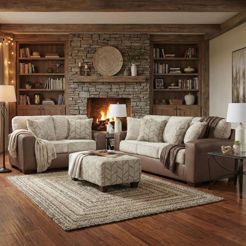 Roundhill Furniture Marvella 4-Piece Living Room Set, Chocolate Faux Leather Upholstery and Curly Shearling Cushions