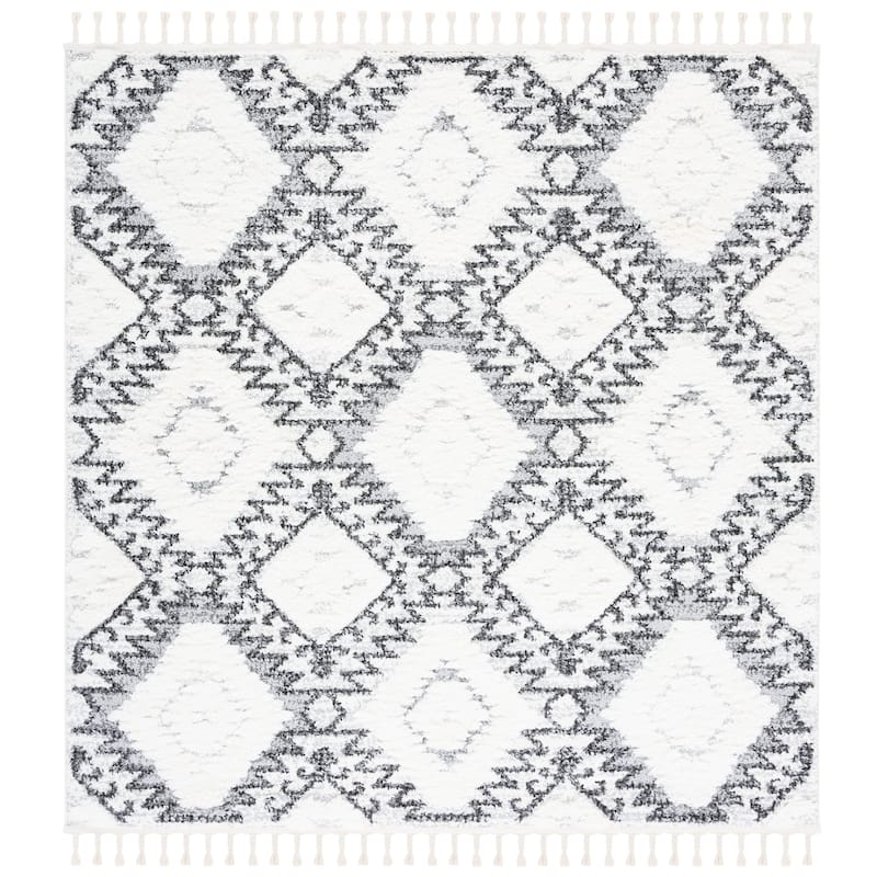 SAFAVIEH Moroccan Tassel Shag Marianne 2-inch Thick Rug - 6'7" Square - Ivory/Grey