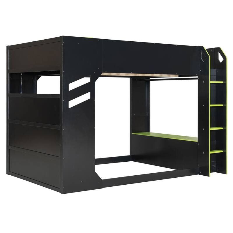 Full Size Loft Bed with Desk and RGB Lights, Wood Storage Bed with Drawers