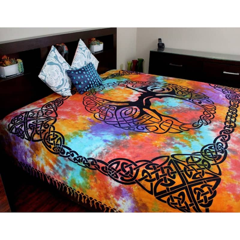 Cotton Celtic Tree of life Tablecloth Rectangle with Fringes - 70 x 104 in - Multi-color