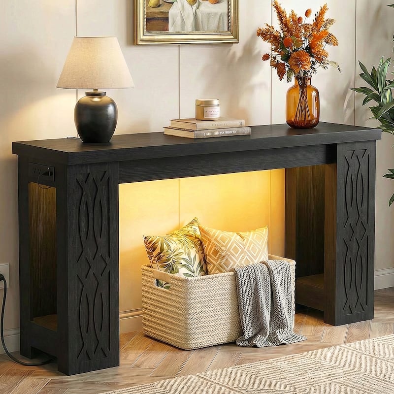47" Farmhouse Console Table with RGB LED Light ＆ Power Outlets, Unique Carved Design Farmhouse Entryway Table Sofa Table - Black