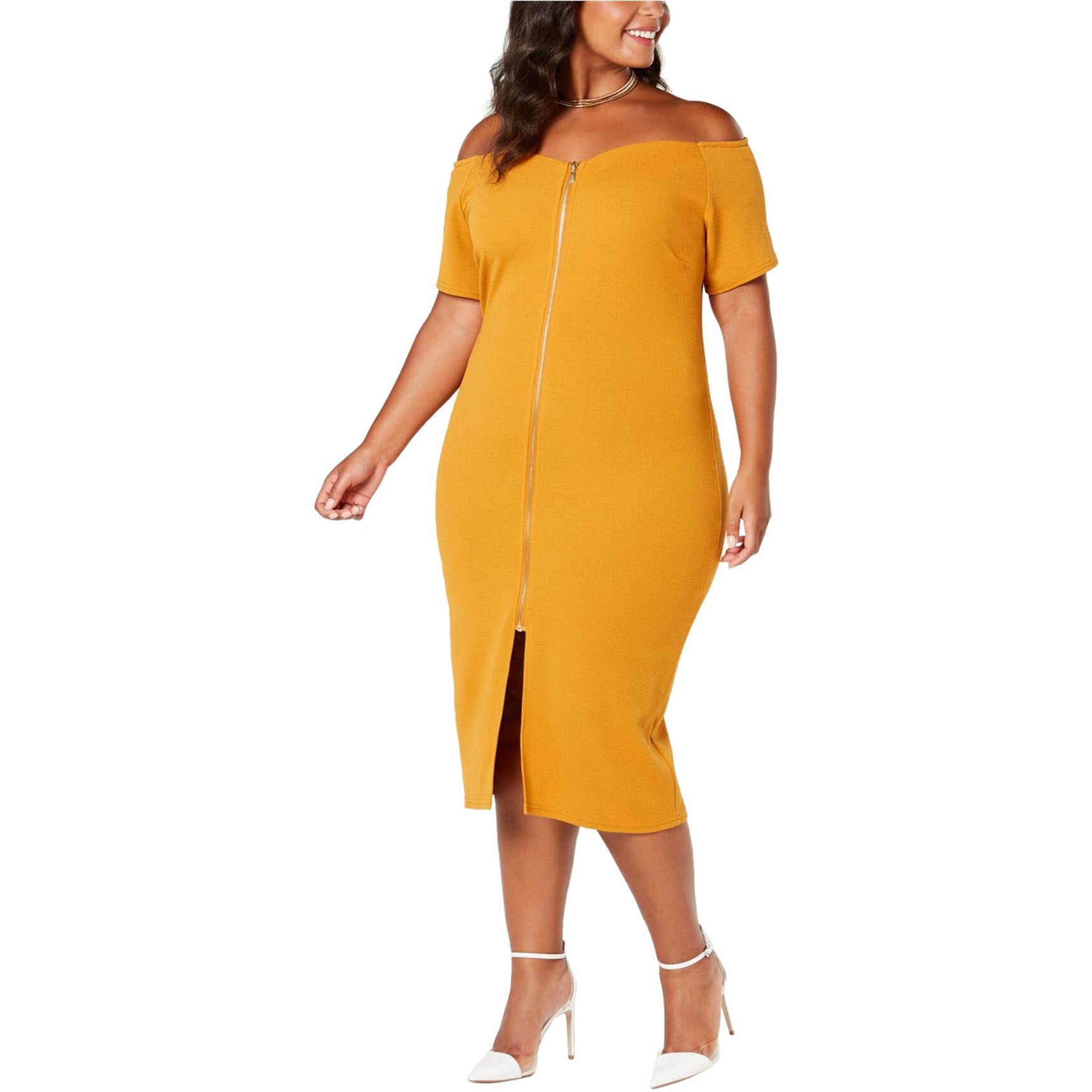 Planet Gold Womens Zip Front Bodycon Dress, Yellow, 1X - Bed Bath & Beyond  - 41852913