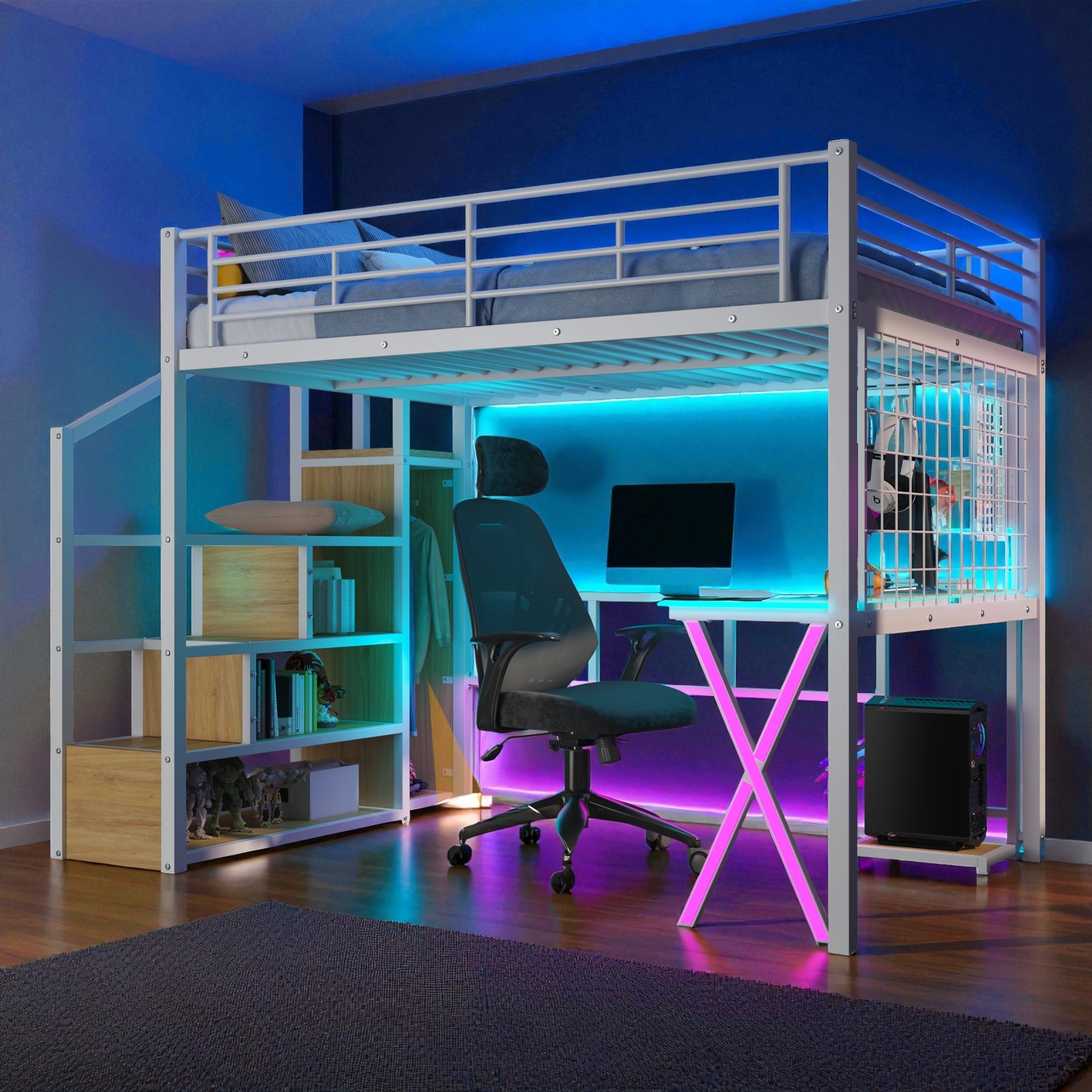 Full Size Metal Loft Bed with LED Desk, Storage Staircase, Wardrobe, Shelves and Workstation for Bedroom or Dorm