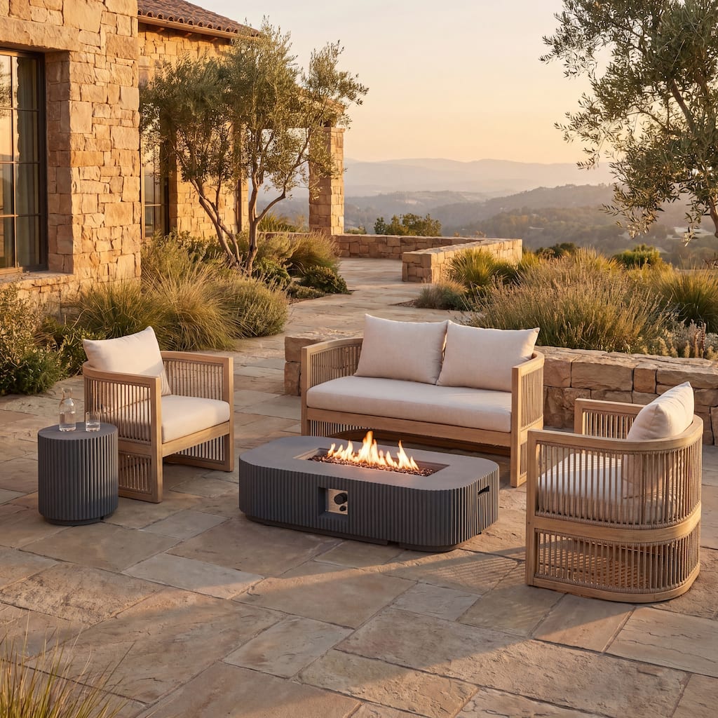 Christopher Knight Home - Valencia 5-Piece Outdoor Conversation Set, Acacia Wood Rope-Weave Frame & MGO Propane Fire Pit