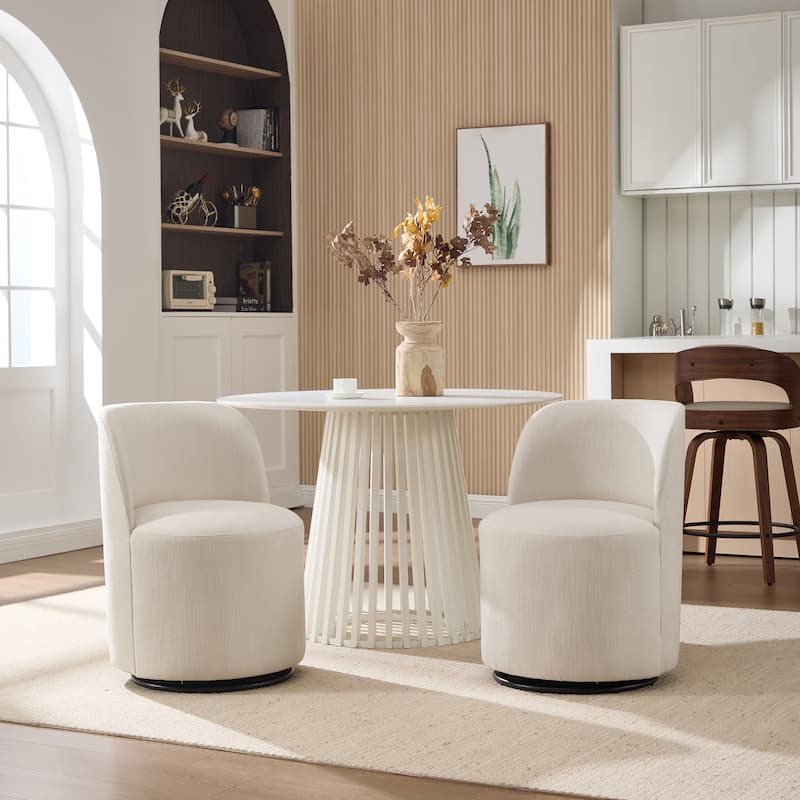 Set Of 1 Upholstered Barrel Chair, Mid Century Modern Round Linen Dining Chair, 360 Degree Swivel Side Chair for Dining Room