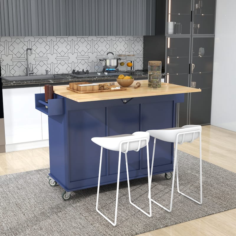 Rolling Mobile Kitchen Island with Drop Leaf - Solid Wood Top, Locking Wheels & Storage Cabinet 52.7 Inch Width