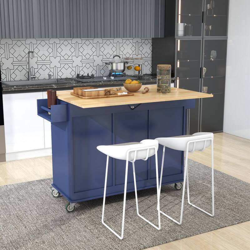 Solid Wood Top Drop Leaf Kitchen Island on Wheels, Rolling Kitchen Cart with Storage Cabinet, Drawers, Spice Rack and Towel Rack
