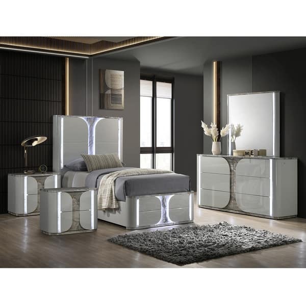 slide 2 of 22, Furniture of America Sherri Modern 5-Piece Light Grey Solid Wood Kids Platform Bedroom Set with LED Full