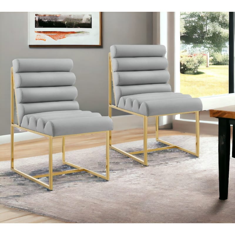 Set of 2 Modern Faux Leather Armless Dining Chairs with Gold Steel Legs and Tufted Back for Living Room - 37”H x 27.8”W x 19.8”D