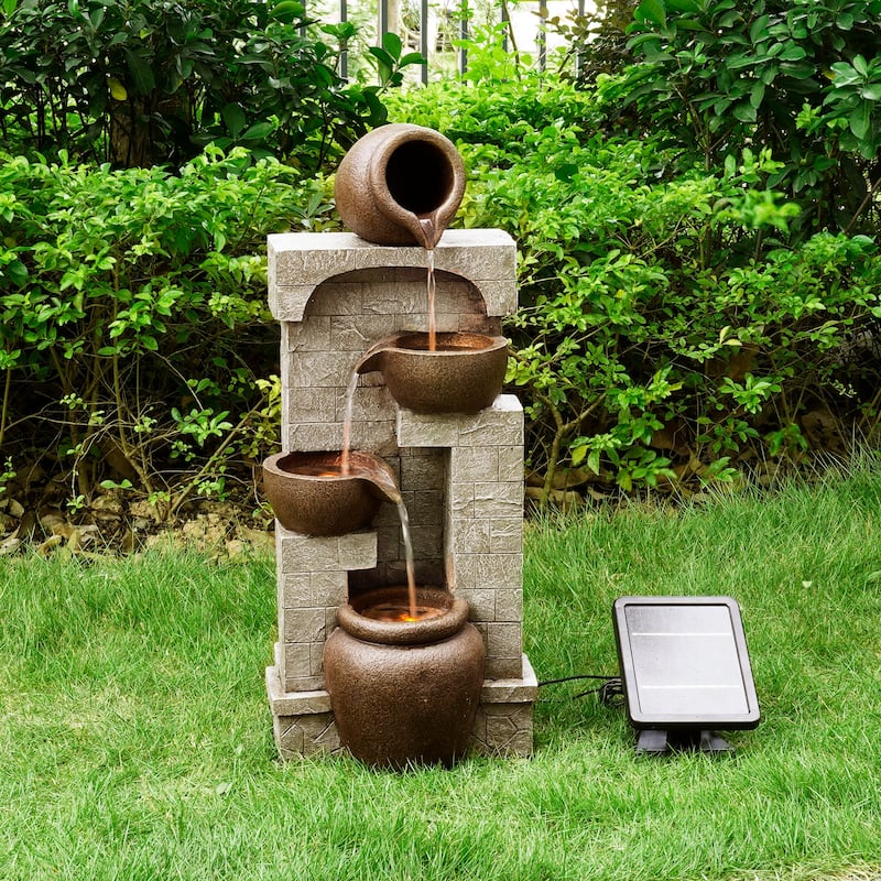 Teamson Home 4-Tier Bowl Solar Waterfall Fountain with Built-In LED Lights - 12"W x 10"L x 28"H