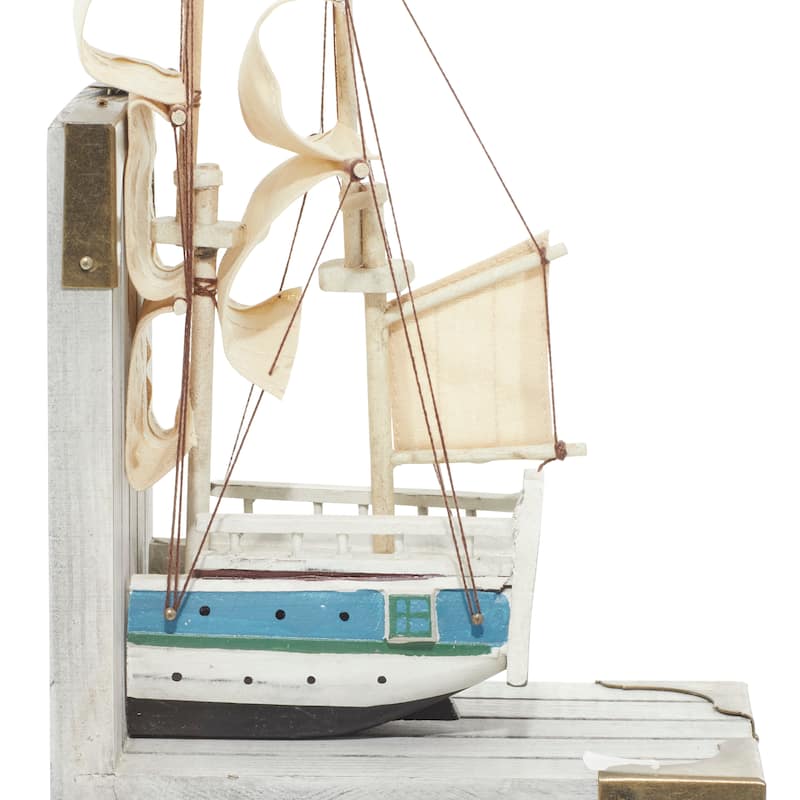 Wood Sail Boat Bookends with Real Boat Rigging and Gold Corners - Set of 2 White - Roche River Decor - 4"W x 6"L x 9"H