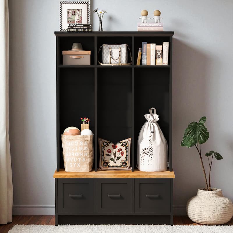 Modern 40.2 in Hall Tree with Entryway Bench, 3 Top Shelves & 3 Drawers, Storage Organizer for Hallway, 65.4 in H