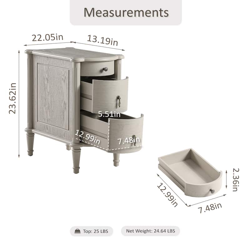 COZAYH Farmhouse 3-Drawer Bedside Table with Charging Station, Vintage Bronze Handles, Solid Pine Legs
