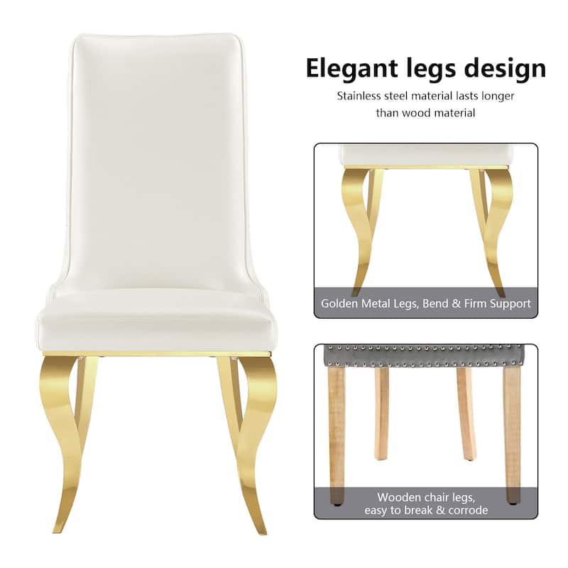 White leather dining chairs with gold legs