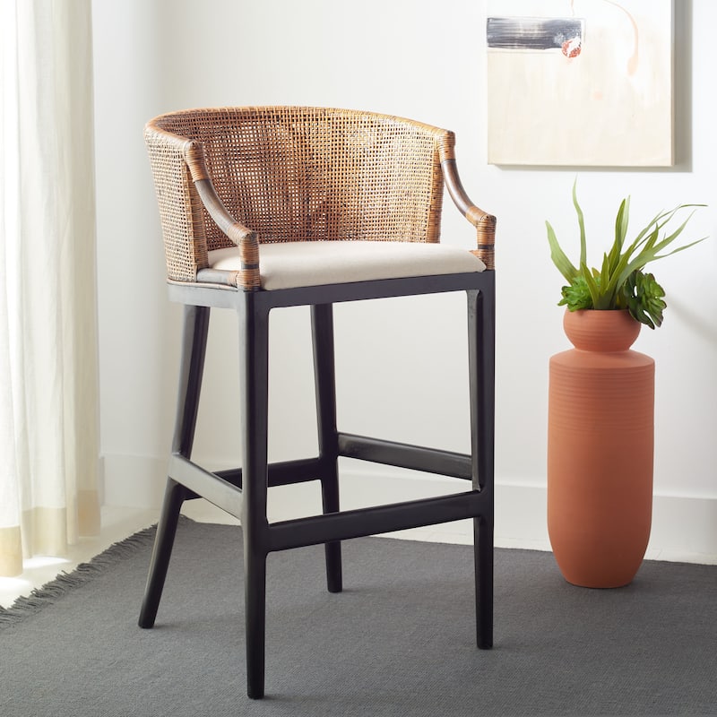 SAFAVIEH Brando Solid Wood Rattan 30-inch Seat Height Bar Stool (Fully Assembled) - 22.3" W x 20.5" L x 39" H