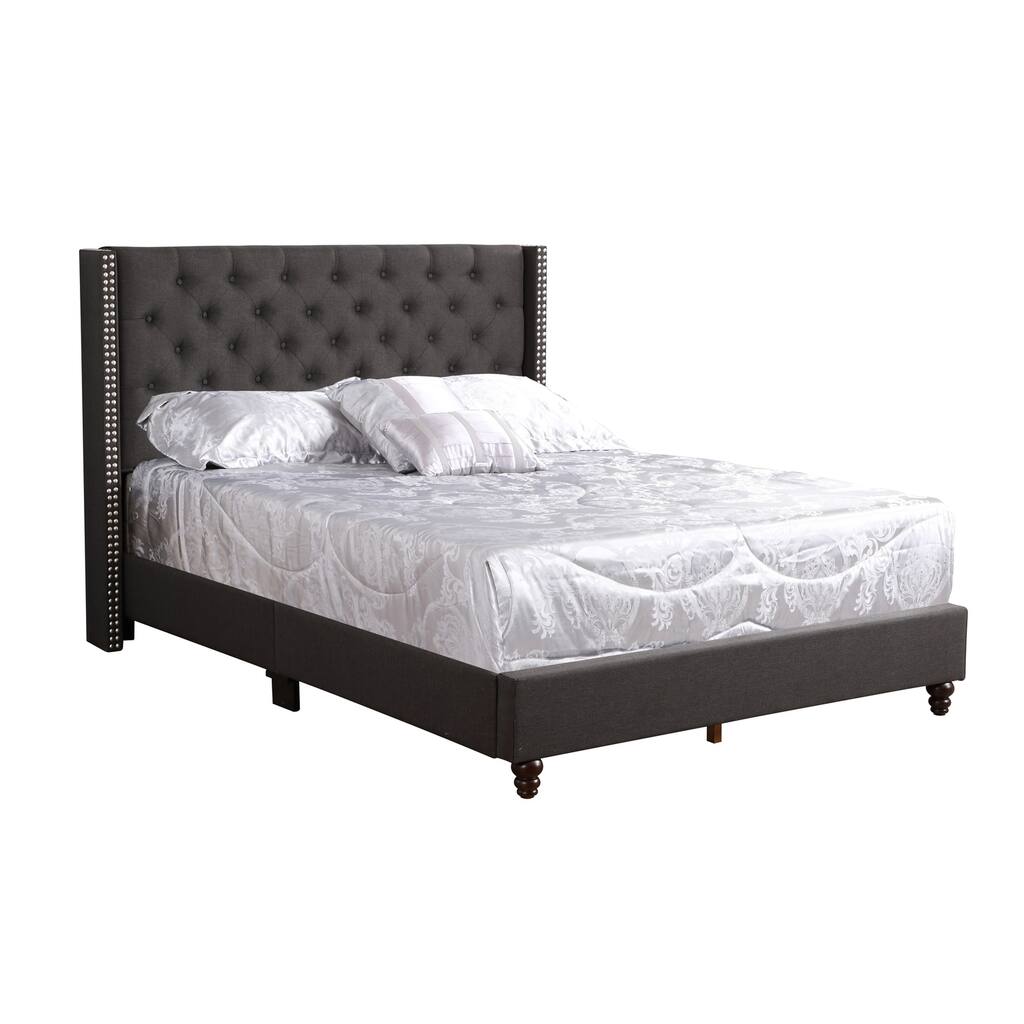 Upholstered Panel Bed - Tufted Headboard, Twill Fabric & Faux Leather - Requires Box Spring