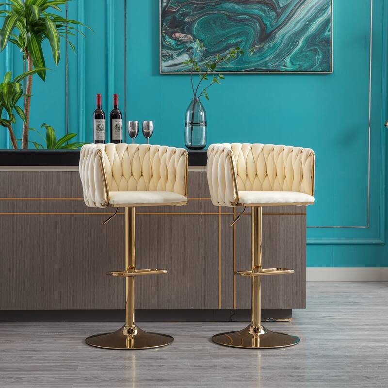 Set of 2 Bar Stools,with Chrome Footrest and Base Swivel Height Adjustable Mechanical Lifting Velvet + Golden Leg