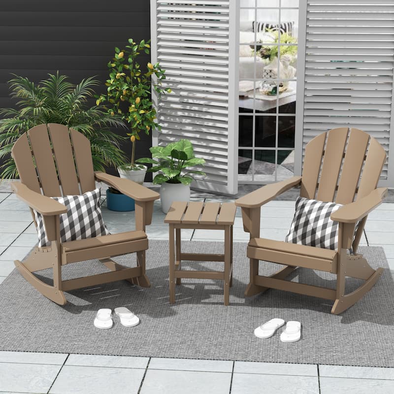 Polytrends Laguna Hdpe All Weather Outdoor Patio Rocking Chairs With Side Table (3-Piece Set) - Weathered Wood