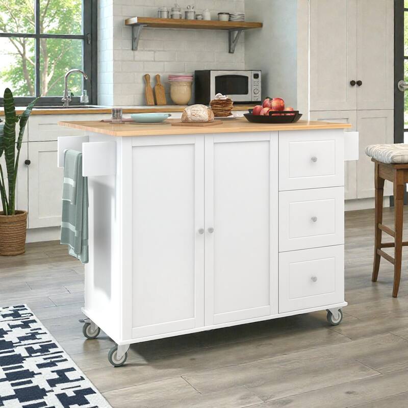 52.7" Rolling Kitchen Island with Solid Wood Top, Drop Leaf Breakfast Bar, Storage Cabinet, Wheels - White