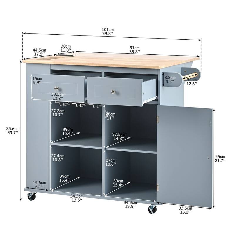 47" Modern Kitchen Cart with Electrical Outlet, Rubberwood Kitchen Island with Drop Leaf and Adjustable Storage Cabinet