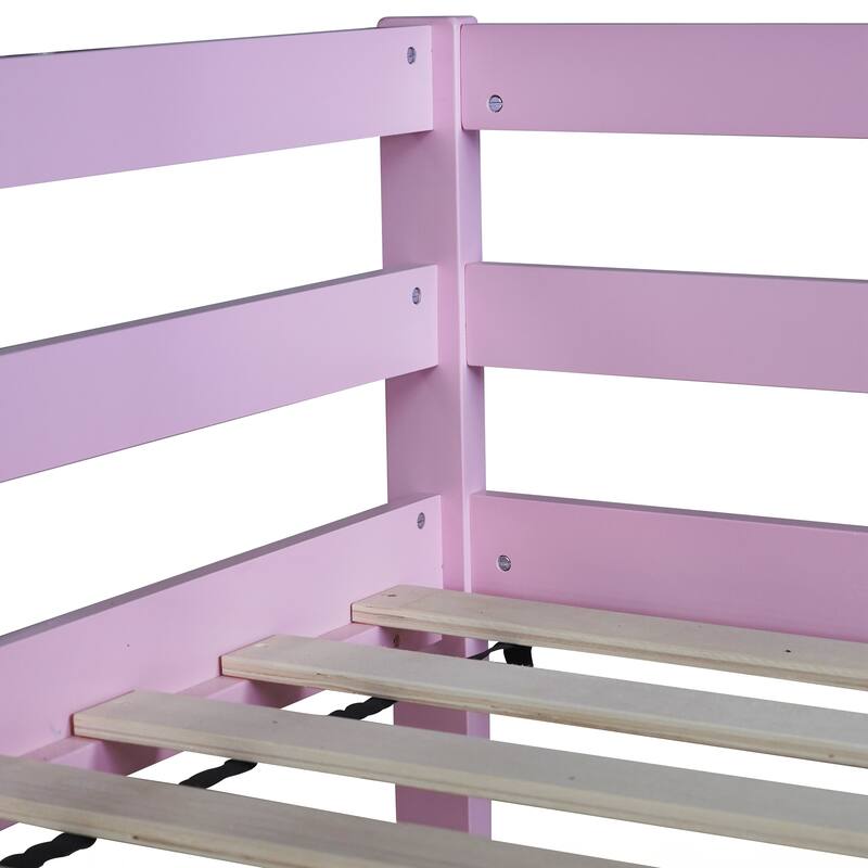 Wooden Twin over Twin Floor Bunk Bed with Ladder ,Upper and Bottom Bed Platforms