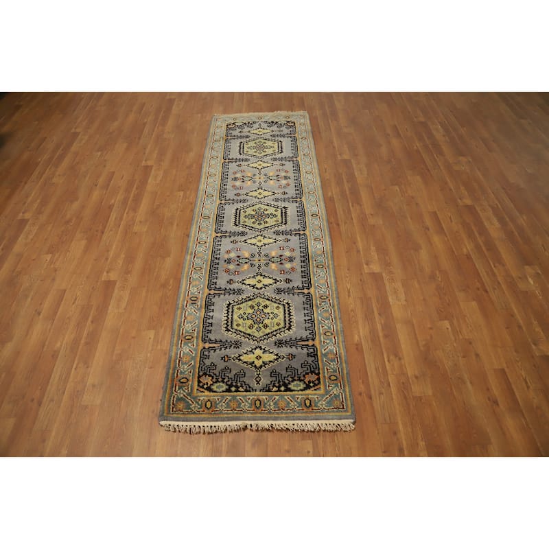 Hand Knotted Oriental 100% Wool Carpet Traditional Geometric Greys & Charcoal Viss Runner Rug - 7' 9'' X 2' 7''
