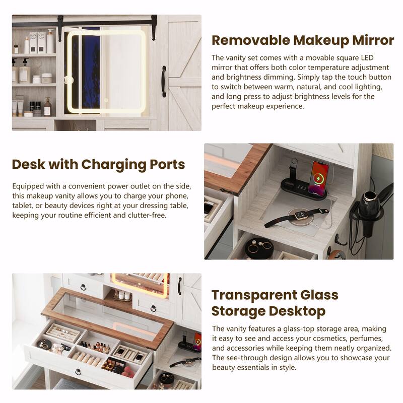 Farmhouse Vanity Desk with Sliding Mirror & Lights, Glass Top Vanity Set