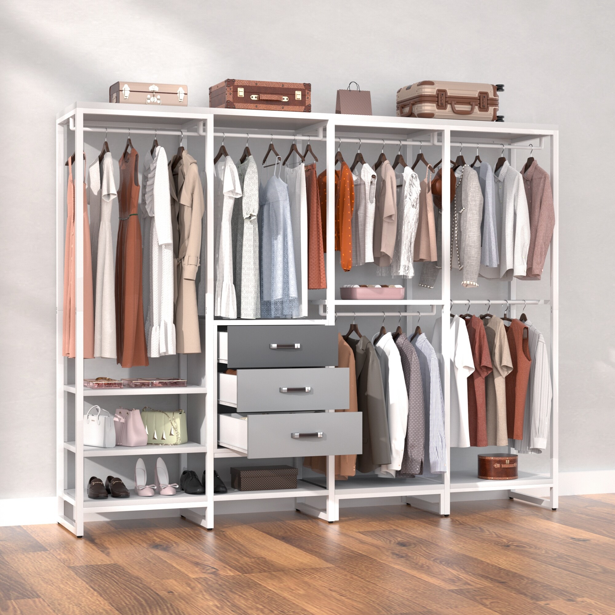 Rackcog 74-148'' W Closet System with 3 Wood Drawers and 11-Tier