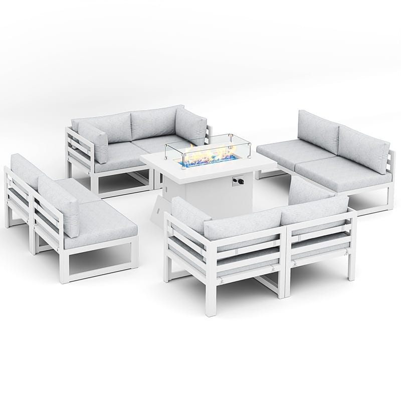 FINCATI 9-piece Extra-large Luxury Aluminum Patio Furniture Set with Deep Seating and Convertible 43'' Fire Pit Table