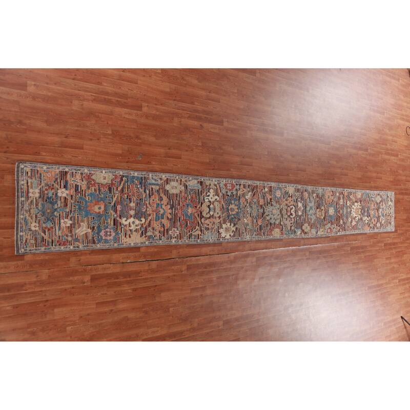 Hand Knotted Oriental 100% Wool Carpet Transitional Floral Multi-Colored Oushak Runner Rug - 19' 5'' X 2' 4''