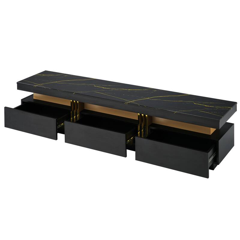 Luxury TV Stand with High Gloss Faux Marble Top for TVs Up to 78'', Rectangle Media Console with Golden Panel.