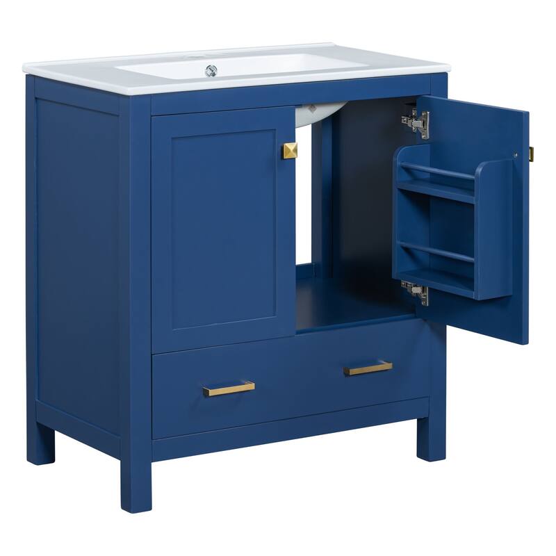 30 Inch Freestanding Bathroom Vanity with Rectangular Ceramic Sink, Two Doors, and Storage Drawer - Elegant Finish