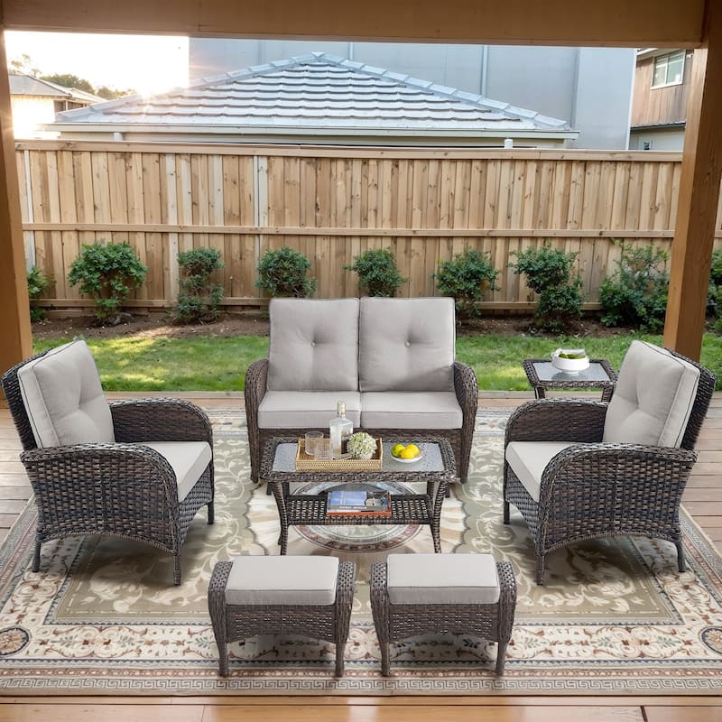 Patio Glider Sofa with Club Chair, Ottoman and Side Table - Beige - Brown