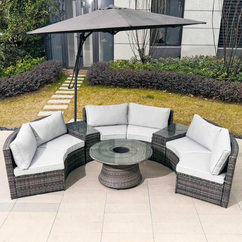 9-Piece Modular Patio Iron PE Rattan Sofa Set with Round Coffee Table