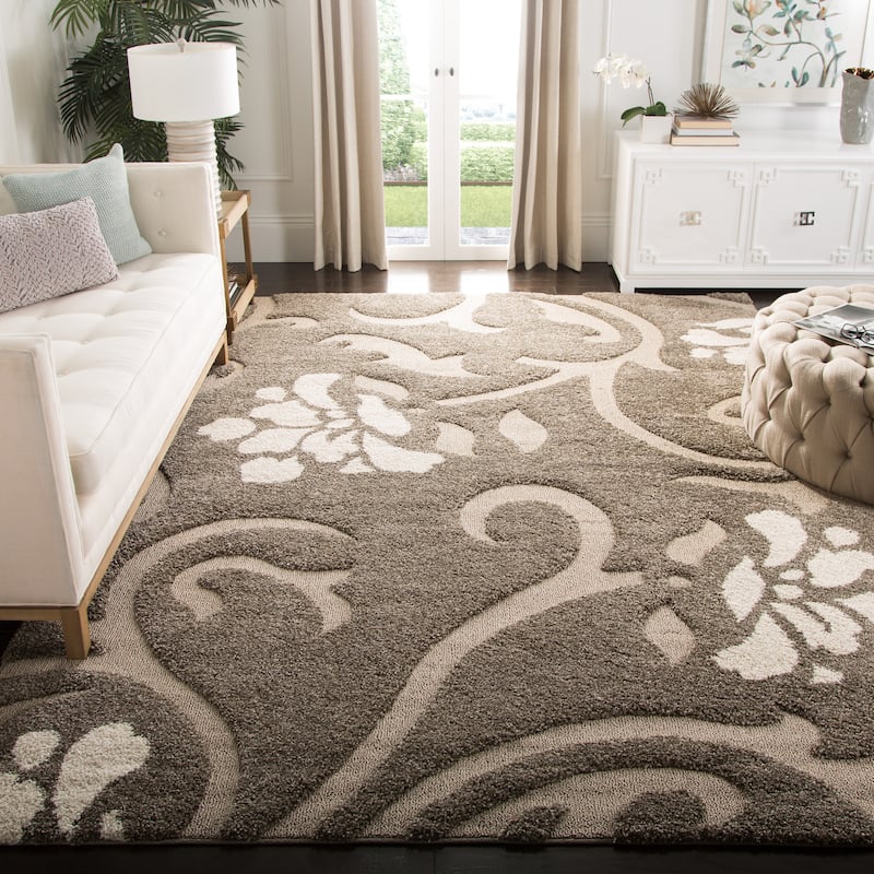 SAFAVIEH Florida Shag Nanny Floral Scroll 1.2-inch Thick Rug - 8' x 10' - Smoke/Beige - Rectangle