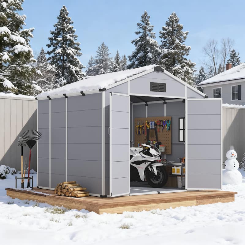 Erommy Outdoor Storage Shed with Built-In Floor, Lockable Double Doors & Sloped Roof