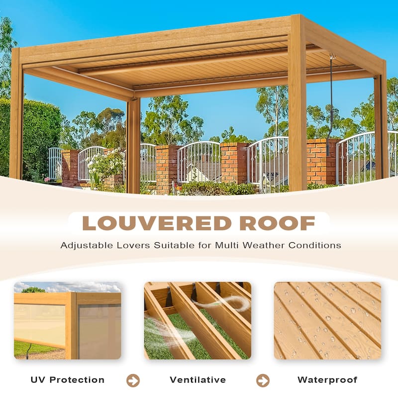 EROMMY Outdoor Louvered Pergola Gazebo with Adjustable Aluminum Rainproof Roof and Pull-Down Screen