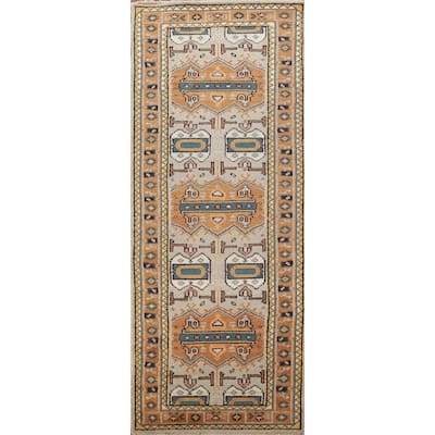 Hand Knotted Oriental 100% Wool Carpet Traditional Geometric Greys & Charcoal Heriz (serapi) Runner Rug - 8' 0'' X 2' 7''