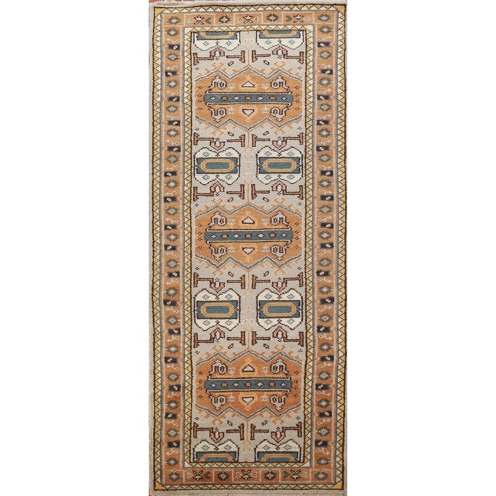 Hand Knotted Oriental 100% Wool Carpet Traditional Geometric Greys & Charcoal Heriz (serapi) Runner Rug - 8' 0'' X 2' 7''