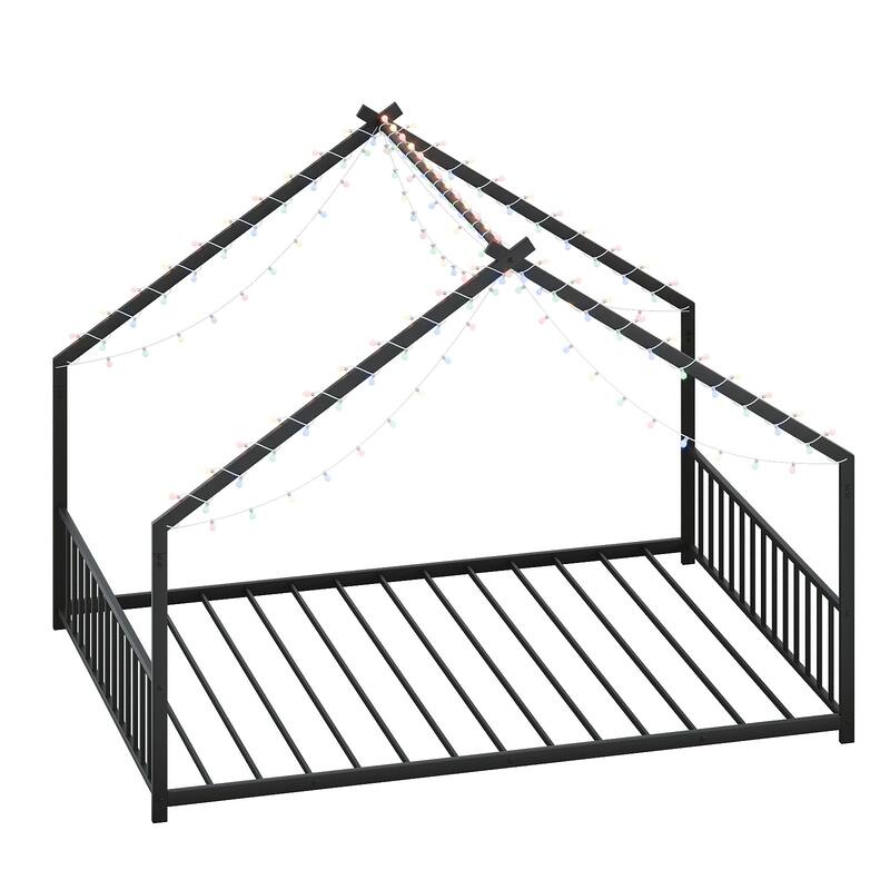 Full Size Children'S Bed Frame With Led Light Strips,Roof-Shaped Iron Frame Bed