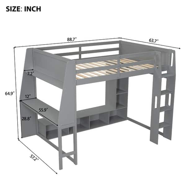 Wood Full Size Loft Bed w/Desk, Multi-storage Shelves, LED & Hanging Clothes Rack, No Box Spring Needed Wooden Support Bed Frame
