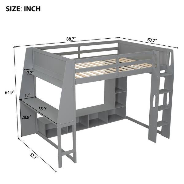 dimension image slide 0 of 2, Wood Gaming Loft Bed with LED, Desk, Cabinets, Clothes Rack聽